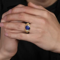 Best Gabriel & Co. Wide 14K Yellow Gold Lapis Mens Ring in High Polished Finish