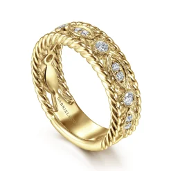 Online Gabriel & Co. Wide 14K Yellow Gold Marquise and Round Station Diamond Anniversary Band with Twisted Rope Frame - 0.25 ct