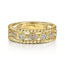 Online Gabriel & Co. Wide 14K Yellow Gold Marquise and Round Station Diamond Anniversary Band with Twisted Rope Frame - 0.25 ct