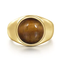 New Gabriel & Co. Wide 14K Yellow Gold Signet Ring with Tiger Eye Stone in High Polish Finish