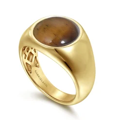 New Gabriel & Co. Wide 14K Yellow Gold Signet Ring with Tiger Eye Stone in High Polish Finish