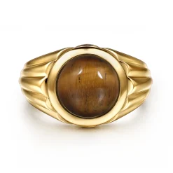 Sale Gabriel & Co. Wide 14K Yellow Gold Tiger Eye Mens Ring in High Polished Finish