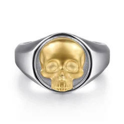 Clearance Gabriel & Co. Wide 925 Sterling Silver and 14K Yellow Gold Skull Signet Ring