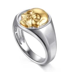 Clearance Gabriel & Co. Wide 925 Sterling Silver and 14K Yellow Gold Skull Signet Ring