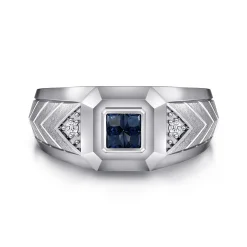 New Gabriel & Co. Wide 925 Sterling Silver Chevron Mens Ring with Sapphire in High Polished Finish