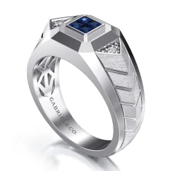 New Gabriel & Co. Wide 925 Sterling Silver Chevron Mens Ring with Sapphire in High Polished Finish