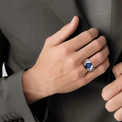 Clearance Gabriel & Co. Wide 925 Sterling Silver Signet Ring with Faceted Lapis Stone in High Polish Finish